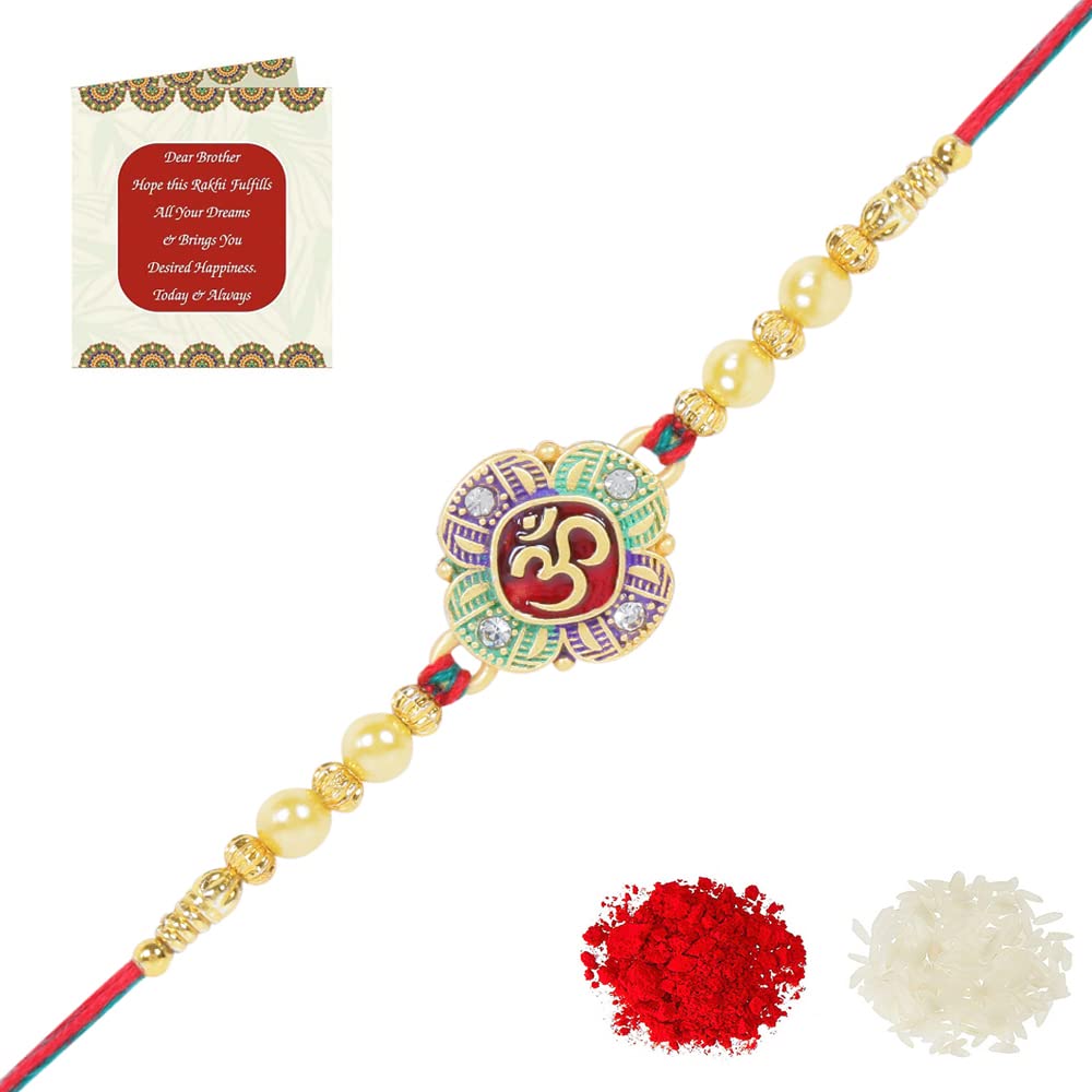 Riddhika Ventures Mens Stunning Gold Plated Designer Peacock and Auspicious kalash Rakhi with Roli Chawal and Greeting Card (P4) (B0D8WSFV29) Amazon Price History, Amazon Price Tracker