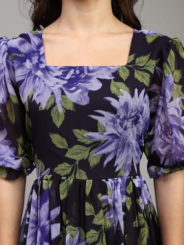 Image of Shasmi Women Women's Floral Printed Midi Dress - Puff Sleeve, Square Neck, A-Line Fit & Flare Casual Outfit