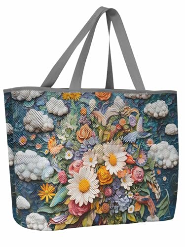 Beach Bags Women Mesh Tote Bag Retro Relief Daisy Flower Cloud Toy Grocery Pool Bag with Pockets for Travel/Picnic/Shower