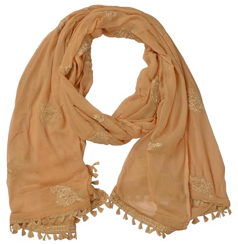Image of YOUTHQUAKE Golden Patti Embroidered Work Chiffon Dupatta for Womens & Girls with Jaalar Lace