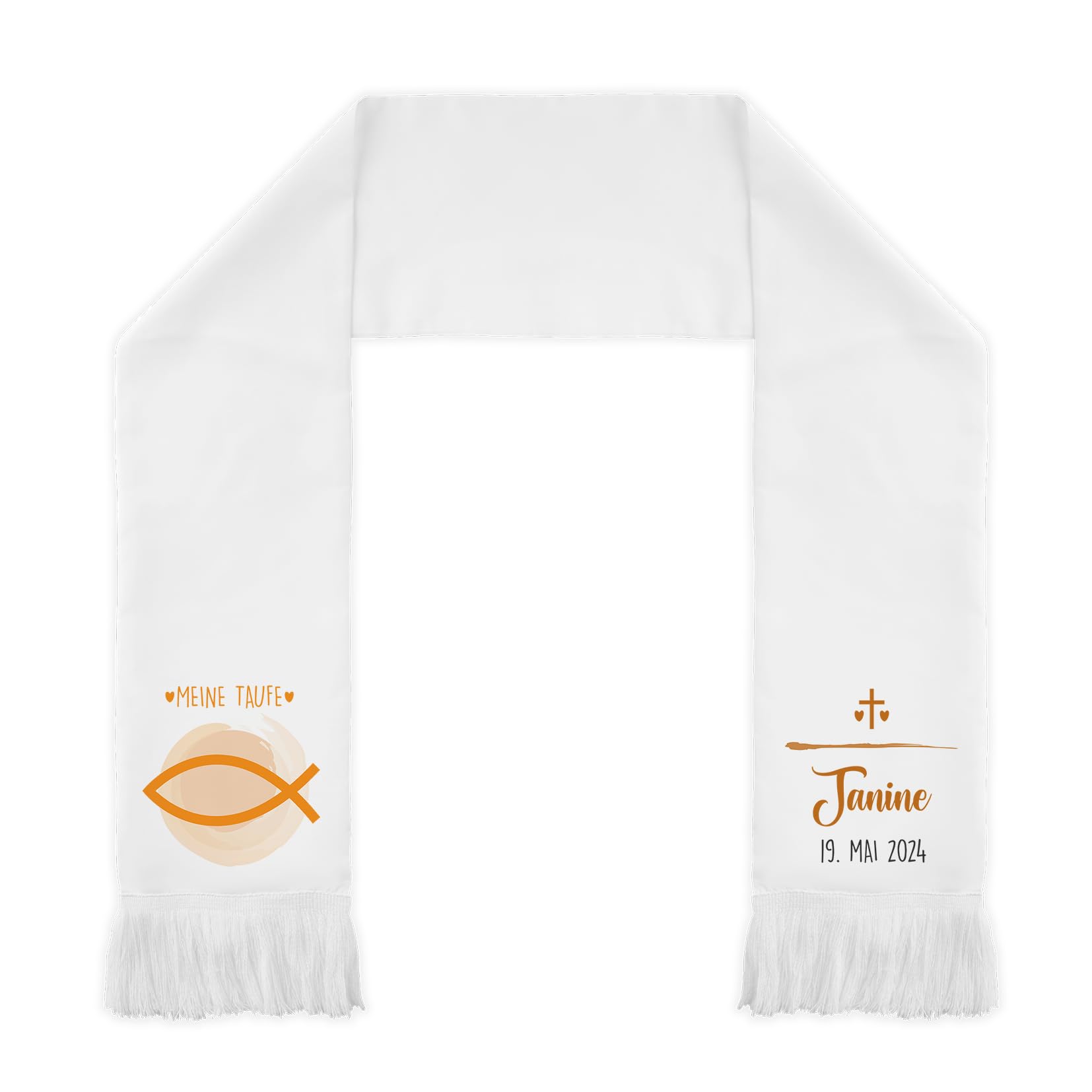 LIEBTASTISCH Taufschal personalisierbar in vielen Farben & Motiven - 116cm Taufaufleger lang für Jungen & Mädchen - Taufe Schal mit Namen, Tauf-Aufleger, Taufüberwurf (Fisch, Orange)