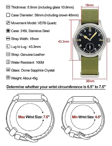 Image of TACTICAL FROG Militado D12 Military Mens Watch VD78 Quartz Sapphire Crystal C3 Super Luminous 36mm Dial Military-Style Dress Watches, 100M Waterproof
