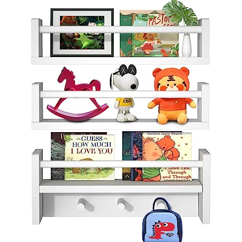 Image of TROAKAOI Nursery Book Shelves with Hooks, Set of 3, Wooden Floating Nursery Shelves for Wall, Wall Bookshelf for Kids Room, Bathroom Decor (White)