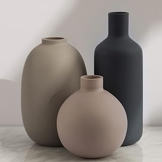 Smiletag Ceramic Modern Farmhouse Vases Set of 3 - Neutral Minimalist for Tabletop, Shelf, Bookshelf, Entryway & Living Room Decor
