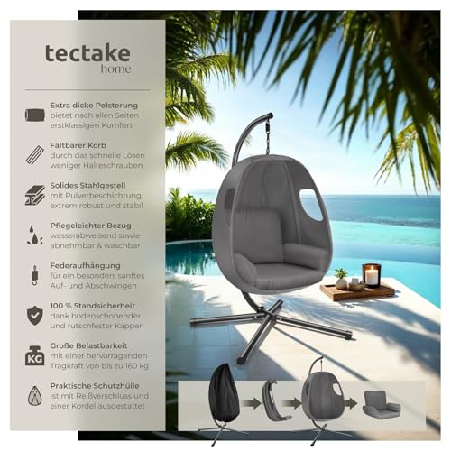 tectake® Hängesessel mit Gestell, Indoor oder Outdoor, Schaukel Sessel mit Kissen + Rückenkissen, Schaukelstuhl, Hängestuhl. Möbel für Wohnzimmer, Schlafzimmer, Balkonmöbel, bis 160kg (anthrazit)