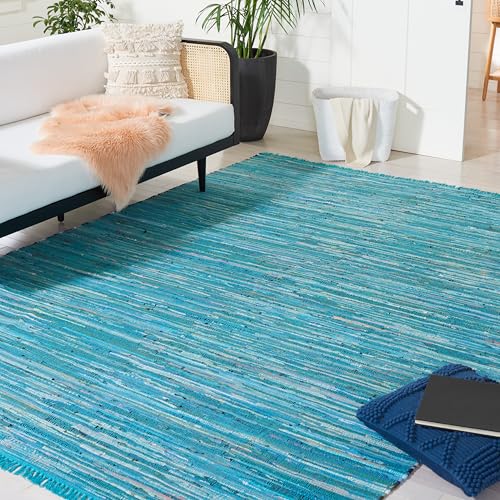 SAFAVIEH Rag Rug Collection Area Rug - 8' x 10', Blue & Multi, Handmade Boho Stripe Cotton, Ideal for High Traffic Areas in Living Room, Bedroom (RAR121B)