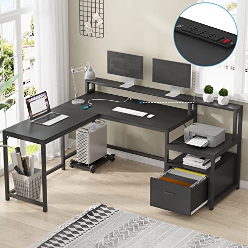 Sedeta L Shaped Desk, 66" Computer Desk With File Drawer & Power Outlet, Corner Desk With Hutch, Monitor Shelf And Printer Storage Shelves, Study Writing Desk Workstation For Home Office, Black #TOP4