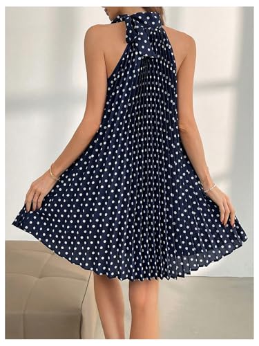 Image of MakeMeChic Women's Polka Dots Halter Dress Tie Sleeveless Pleated A Line Flare Mini Dresses Light Blue X-Large