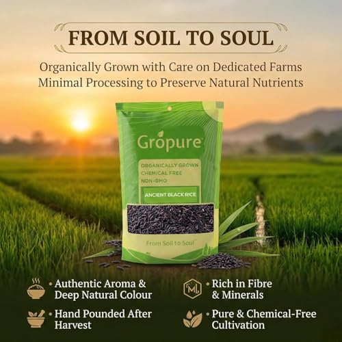 Image of GroPure Organic Black Rice 450g | Karuppu Kavuni Rice | Forbidden Rice | Ancient Black Rice | Karupu Gowni Rice | Hand Pounded Unpolished Rice | Chemical & Pesticide Free | Rich in Antioxidants, Protein & Iron