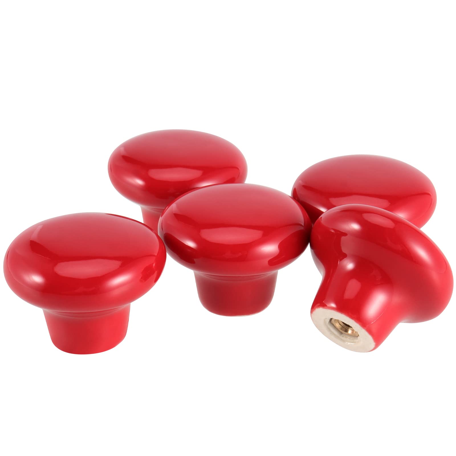 JAPCHET Lot de 35 boutons de placard en céramique rouge à trou unique avec vis, bouton rond en forme de champignon pour armoire de cuisine, placard, armoire, commode