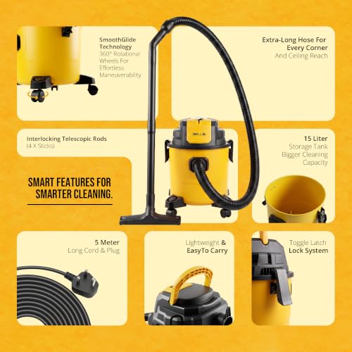Image of IBELL AEROVAC150 Wet & Dry Vacuum Cleaner 1200W, 18kPa Powerful Suction, 15L Large Capacity, 4-in-1 Vacuum with Blower Function, Reusable Washable Filters (Yellow)