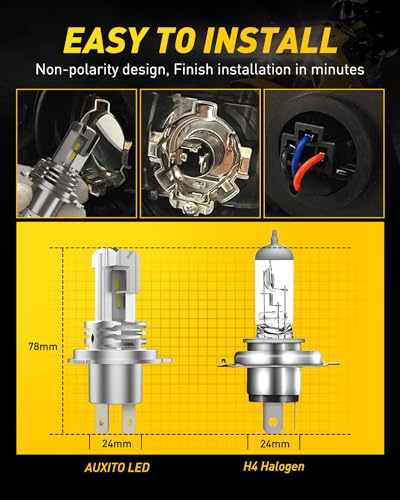 Image of AUXITO H4 Light Bulb Hi /Low for Motorcycle, 400% Brighter, 9003 Bulb 6000K Cool White H4 Fog Light Fanless, Plug and Play, Pack of 1