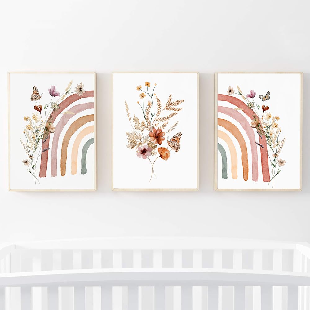 WBYZAC Botanical Posters-Boho Rainbow Butterfly Flower Plant Nursery Wall Art Canvas Painting Nordic Posters Prints Pictures Girl Kids Bedroom Room Decor Artwork-60 * 80cm*3PCS (No Frame)