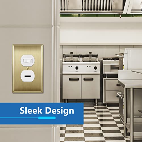 LIDER Duplex Receptacle Metal Wall Plate, Stainless Steel Outlet Cover, Corrosion Resistant, Mid-Size 1-Gang 4.88\" x 3.11\", 201 Stainless Steel, LMWP-21M-BB, Brushed Brass