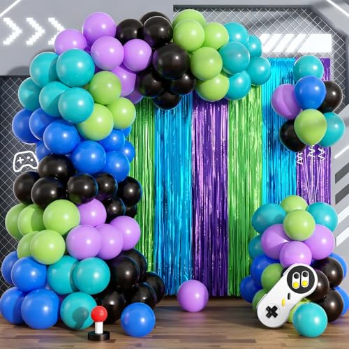 Image of Video Game Balloon Arch Garland Kit Birthday Party Decorations, Purple Blue Green Foil Fringe Curtains Backdrop Tinsel Streamer Photo Booth Props for Gaming Theme Party Decor Supplies Favors