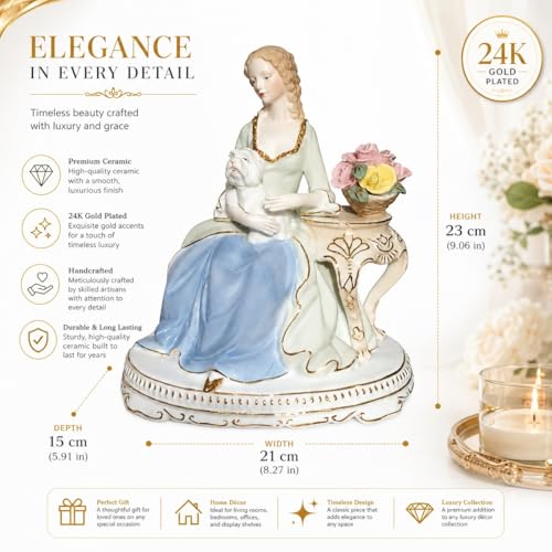 Image of ARMONIA Regal Charm 24K Gold-Plated Lady with Puppy Figurine | Premium Ceramic Decorative Showpiece Statue | Luxury Home Decor for Living Room, Bedroom, Display Shelf | Gift for Women & Housewarming