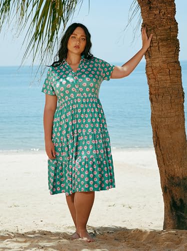 Image of CARCOS Plus Size Dresses for Curvy Women Collared Vneck Short Sleeve Dresses Midi Summer Ruffle Dress with Pocket XL-5XL