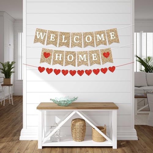 Image of Pre-Strung Welcome Home Banner - Gold Glitter Banner with Red Hearts | No DIY - Pre-Strung on 6 ft strands - Welcome Home Party Decorations for Homecoming, Military Return, & Housewarming Decor