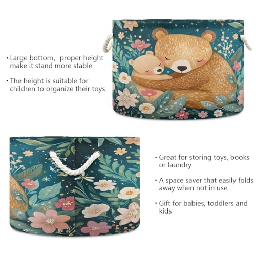 Image of Storage Bin Basket Large Foldable Clothes Bag Round Collapsible Fabric Laundry Hamper Folding Washing Bin Bear Mama Baby Flowers
