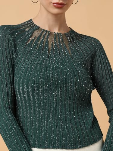 Image of ICW Women Knitted Rhinestone Embellised Daimond Studded Mesh Round Neck Long Sleeve Crop Top T-Shirt 206