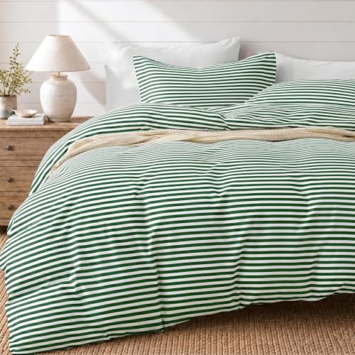 JOLLYVOGUE Striped Duvet Cover Queen, Duvet Cover Set with Green Stripes