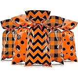Tenare 120 Pieces Thanksgiving Cellophane Candy Bags Thanksgiving Buffalo Polka Dot Stripes Prints Plastic Goodie Treat Favor Bags with 200 Twist Ties for Party Supplies(Orange, Black)