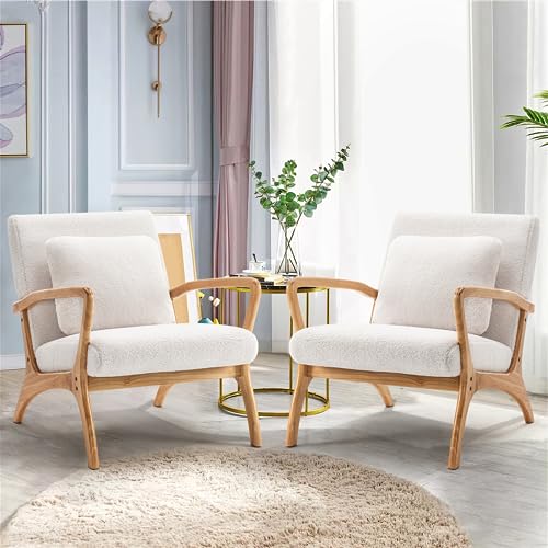 CDCASA Mid-Century Modern Accent Chair with Cushion, 28.3\'\' Long Armrest Chairs Upholstered Premium Teddy Fabric Wood Frame Armchair for Living Room,Bedroom,Reading,Balcony, Set of 2