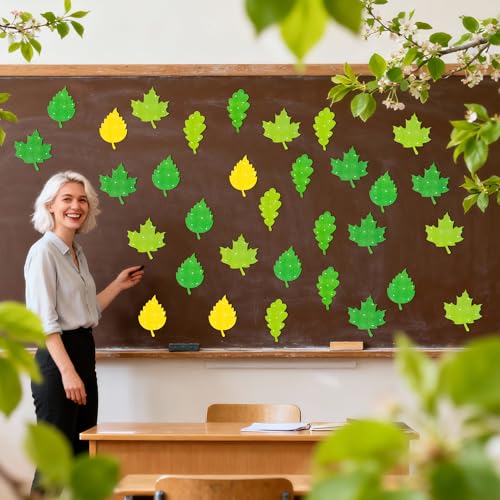Image of Spring Leaves Paper Cutouts - 100Pcs Glitter Green Leaf DIY Paper Cuts for Birthday Party Supplies Maple, Oak, and Birch Leaves Shape DIY Cutouts for Spring Home School Bulletin Border Wall Decoration