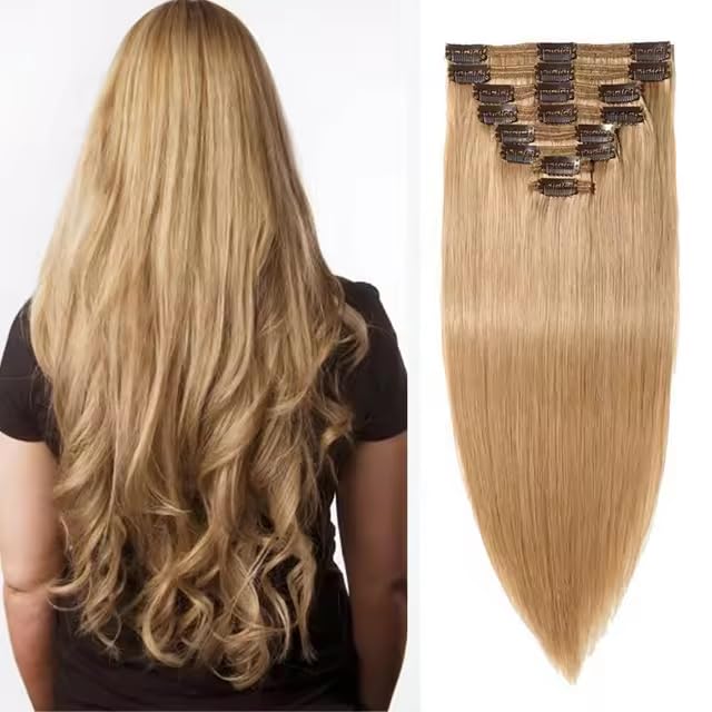 Majik Light Brown Human hair Extensions Clip in| Silky Straight Remy human hair extension 7pcs 100 Gram with Hair Brush and 4 Clips (32 Inch)