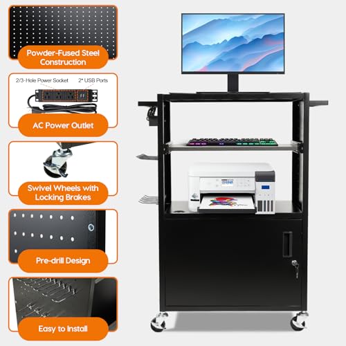 AV Cart with Wheels & Power Strip, Lockable Steel Computer Cart with Cabinet & Pull-Out Keyboard Tray, Projector Media Cart with Pegboard & Hooks for School Office Classroom
