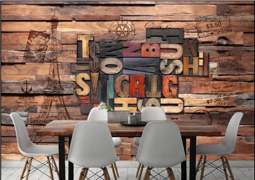 Papier peint effet bois 3D mural avec lettres anglaises pour decoration bar 200x140 - 3