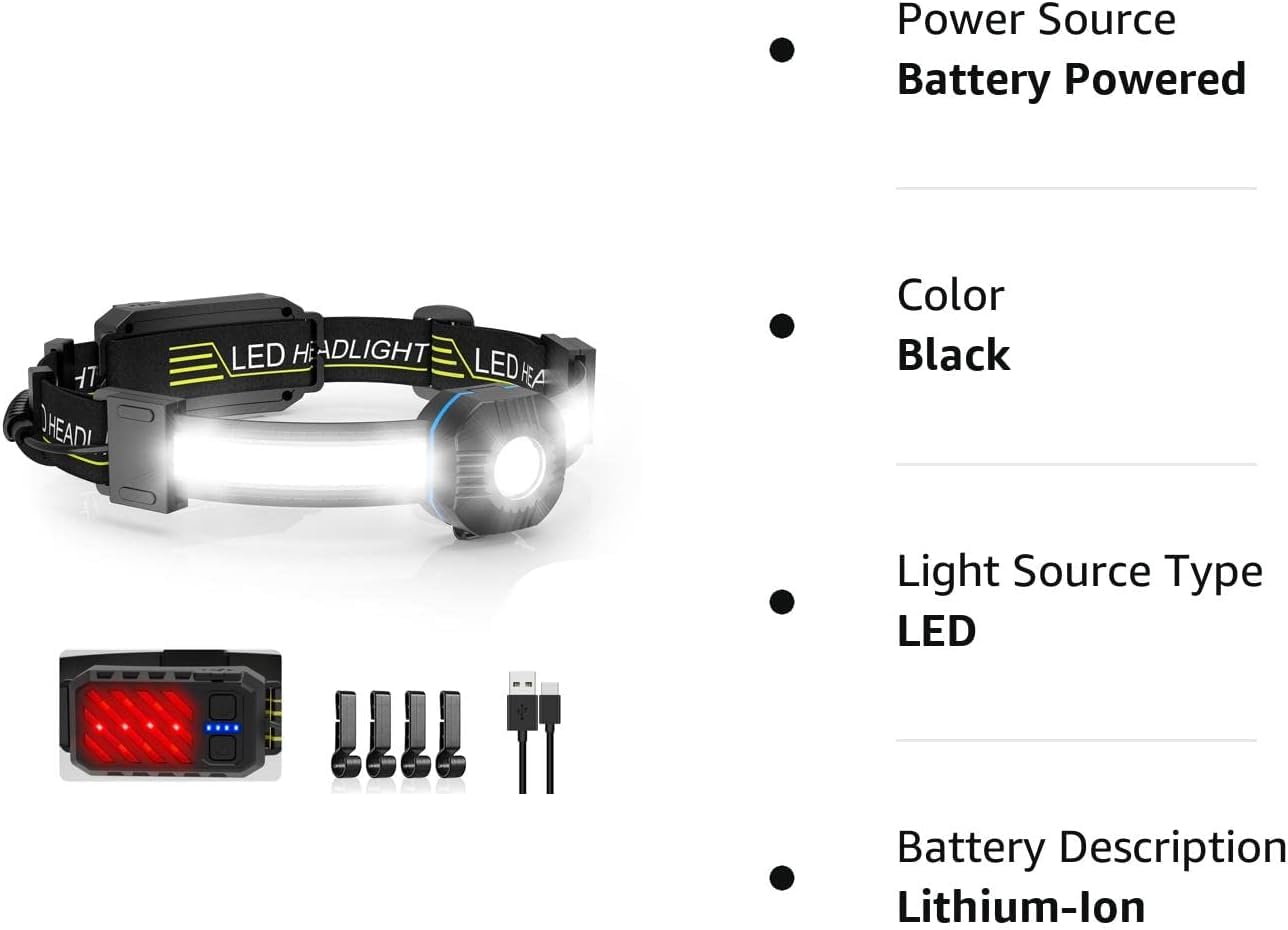 Led Headlamp Flashlight, 230° Illumination, Ipx6 Waterproof, 10 Modes Lightweight Head Lamp, Head Flashlight, for Running, Hiking, Fishing, Outdoor, Super Bright Headlamp Rechargeable, Red Taillight