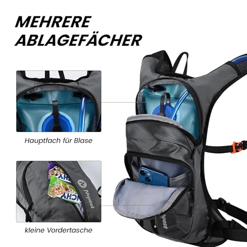 Nepest Trinkrucksack 8L - Fahrradrucksack & Skirucksack mit 2L Trinkblase | Ideal für MTB, Laufen & Skifahren | Verstellbarer Brust & Taillengurt mit Sicherheitspfeife - Grau