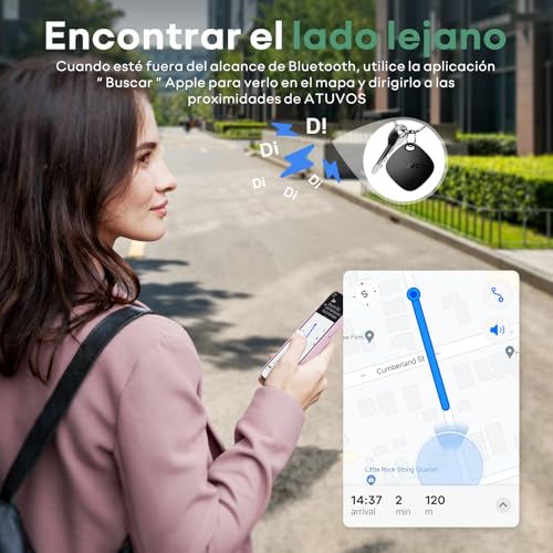 Mujer utilizando la app Buscar de Apple para localizar objetos lejanos con el ATUVOS Tag