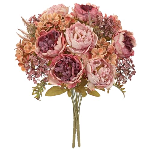 Hollyone 2Pcs Artificial Fall Flowers Bouquet 18.8" Pink Dried Peony