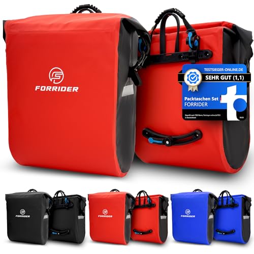 Forrider Fahrradtaschen für Gepäckträger 2er Set Wasserdicht Reflektierend | Gepäckträgertaschen 50L | Sattel Tasche fürs Fahrrad & E-Bike Gepäckträgertasche | Fahrradtasche Gepäckträger (Rot)