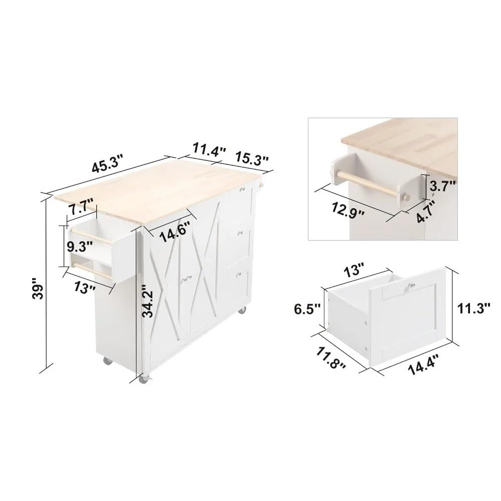 Multifunktionaler Küchenwagen mit Massivholzplatte, 115 cm breit, fahrbar, mit Stauschrank, Klappplatte und Schublade, weiß, rollbar