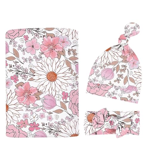 Image of Newborn Swaddle Set with Matching Headband Hat and Bow Set Floral Baby Girl Receiving Blanket Nursery Wildflower Baby Blanket