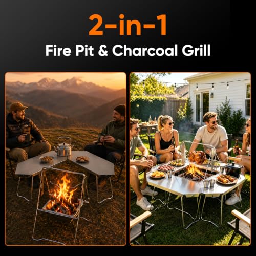 Image of Multi-Functional Wood Burning Stainless Steel Fire Pit,Modular Patio Charcoal Grill Table and Chair Set,Portable Camping Fold Campfire Grill with Rotisserie Spit