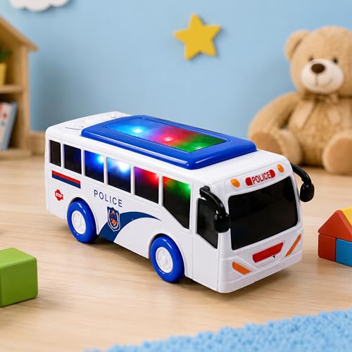 Image of VikriDA Friction Powered Police Bus Toy for Kids | Light & Sound Battery Operated Vehicle with LED Effects