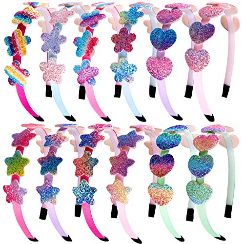 SIQUK 12 Pieces Girls Headbands with Glitter Rainbow Heart Star Flower Hair Bands Colorful Plastic Headband