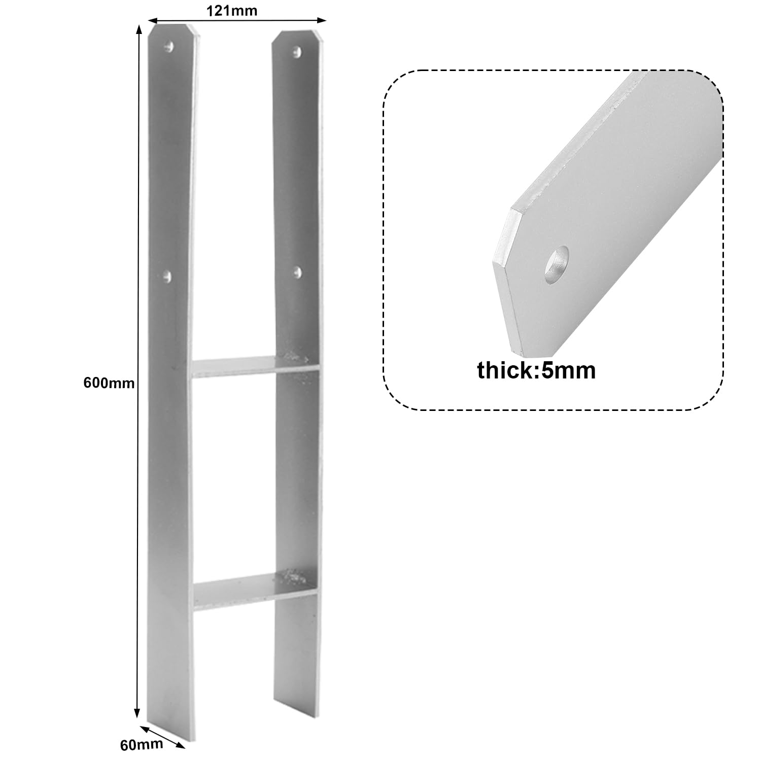 8x H-Pfostenanker 121 mm – H-Pfostenhalter für Zaun- und Holzpfosten, Robuste H-Anker für Gartenzaun, Carport, Pavillon und Holzbauprojekte (121 x 600 mm)