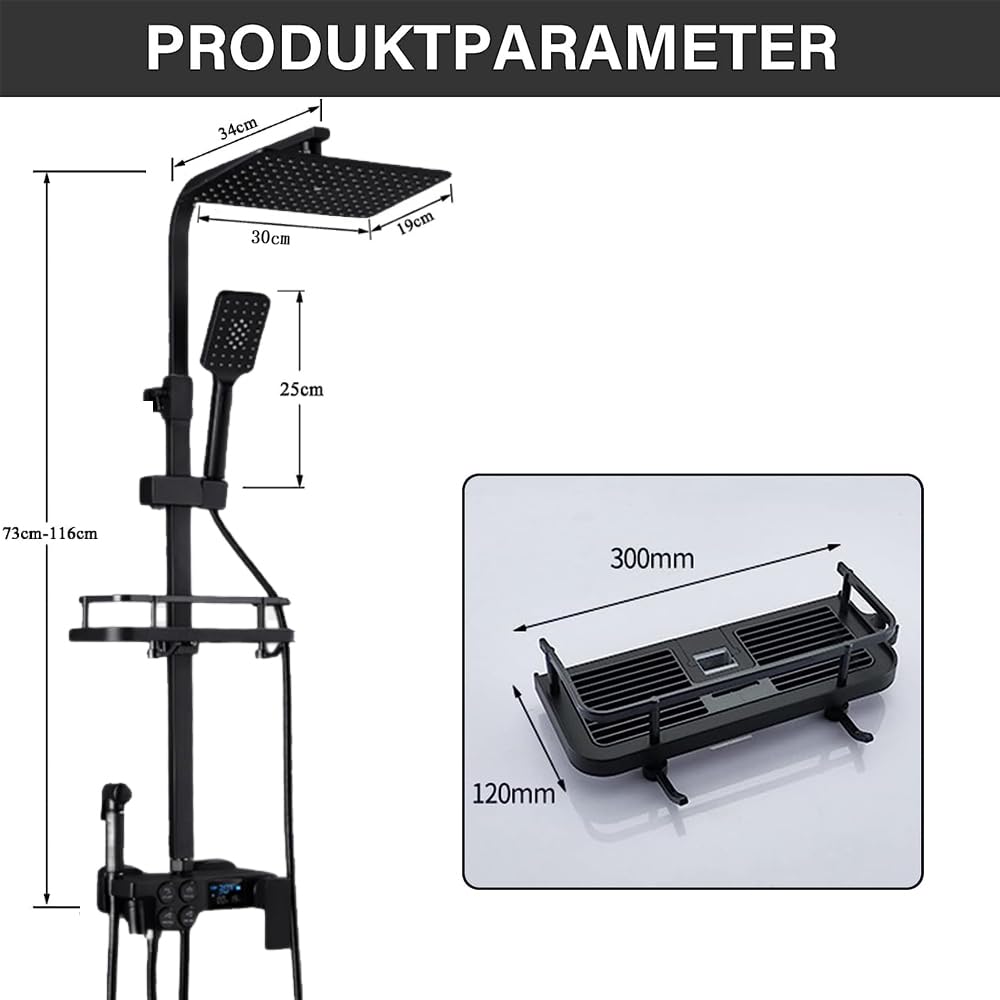 System prysznicowy czarny z termostatem, 30 x 19 cm, uniwersalny zestaw prysznicowy 86-120 cm, regulowany drążek prysznicowy, kolumna prysznicowa ze stali nierdzewnej, wyświetlacz LED, armatura
