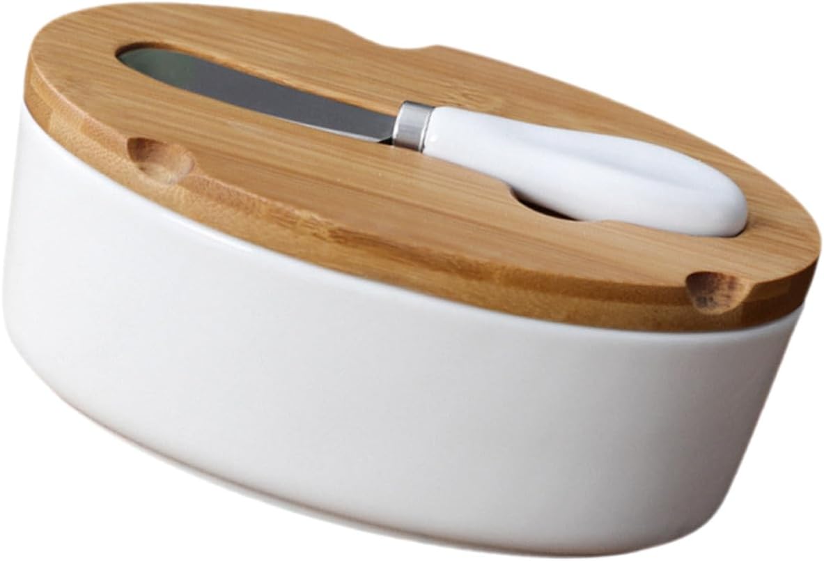 Artibetter Ceramic Butter Dish with Lid and Cutter, Oval Butter Storage Box for Home Kitchen, Cheese Preservation Container Set