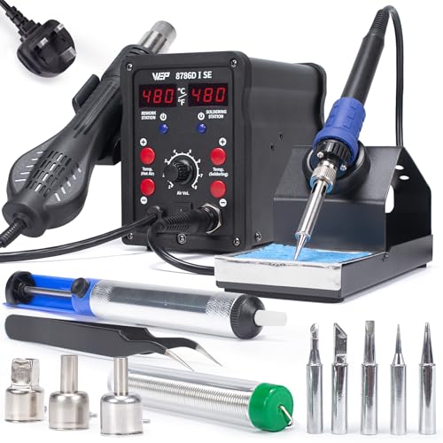 WEP 8786D-I SE Hot Air Soldering Station Kit 2-in-1 for Rework Desoldering with Lead-Free Solder Wire 5 Soldering Tips 3 Hot Air Nozzles Tweezers Desoldering Pump