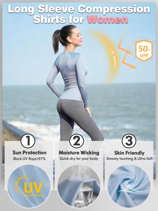 Image of Womens Long Sleeve Compression Shirts Sun Protection Workout Underscrubs