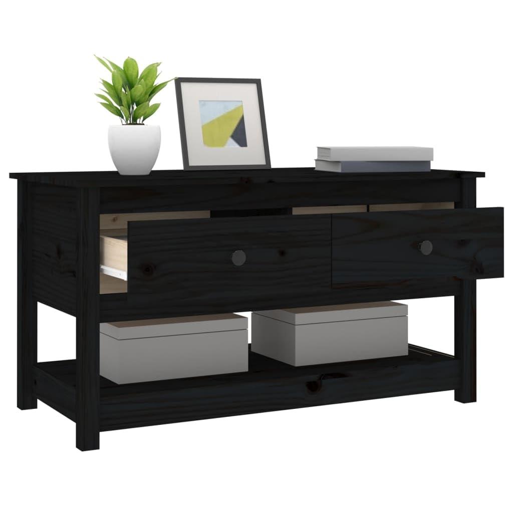 Mesa de centro negra 102 x 49 x 55 cm de madera maciza de pino diseño moderno con 2 cajones y estante abierto, mesa auxiliar robusta para salón, dormitorio y oficina