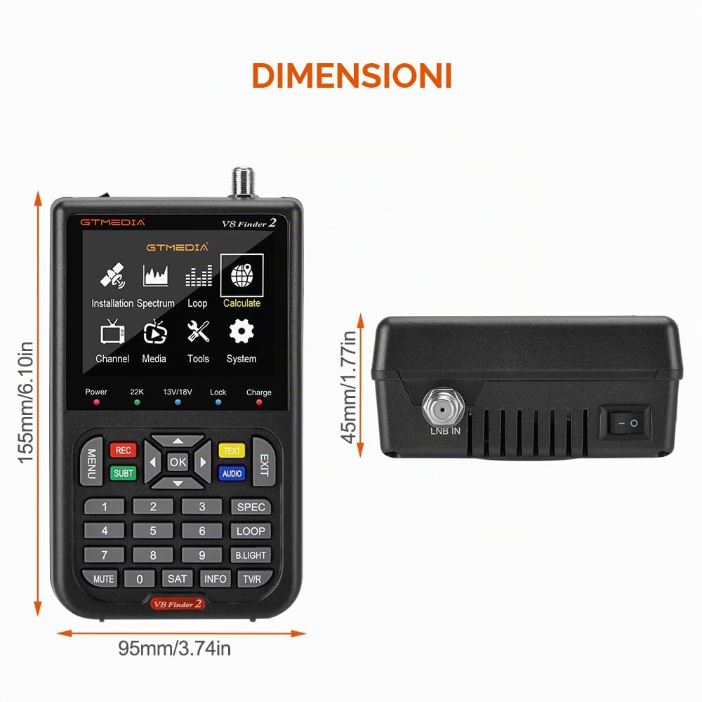 GT Media V8 FINDER2 - Localizzatore satellitare digitale e misuratore di segnale DVB-S/S2 H.264 HD 1080P con display LCD da 3,5" da 7,4 V/4000 mAh, ideale per la configurazione dell'antenna parabolica