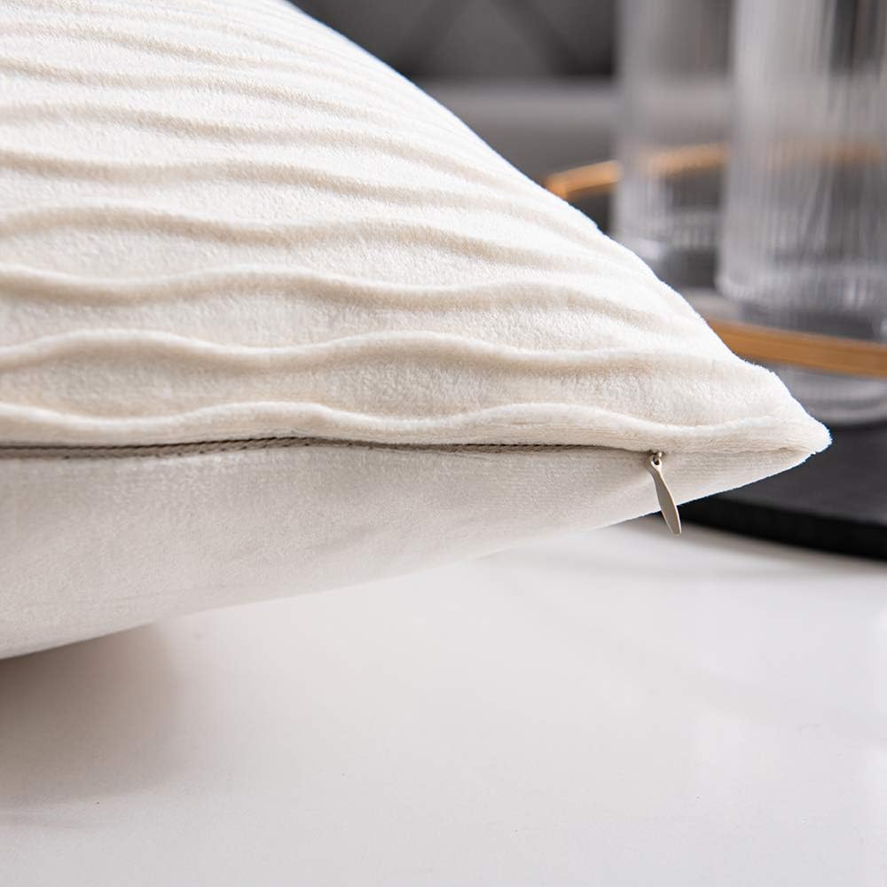 DEZENE Ivory White Couch Pillow Covers: 2 Pack 16x16 Inch Original Striped Velvet Square Throw Pillow Cases for Farmhouse Home Decor