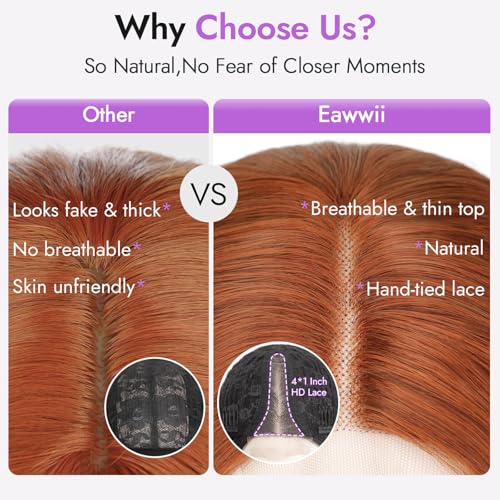 Image of Eawwii Wigs for Women Copper,Short Wavy Synthetic Lace Wig | Glueless 4x1 Lace Hairline, Heat-Resistant Fiber,Bob Wave Style,Natural Appearance for Everyday Cosplay 14 Inch
